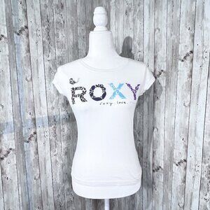 Roxy Short Sleeve Graphic Tee | White | Crew Neck | Small | Leaves Bird | Y2K
